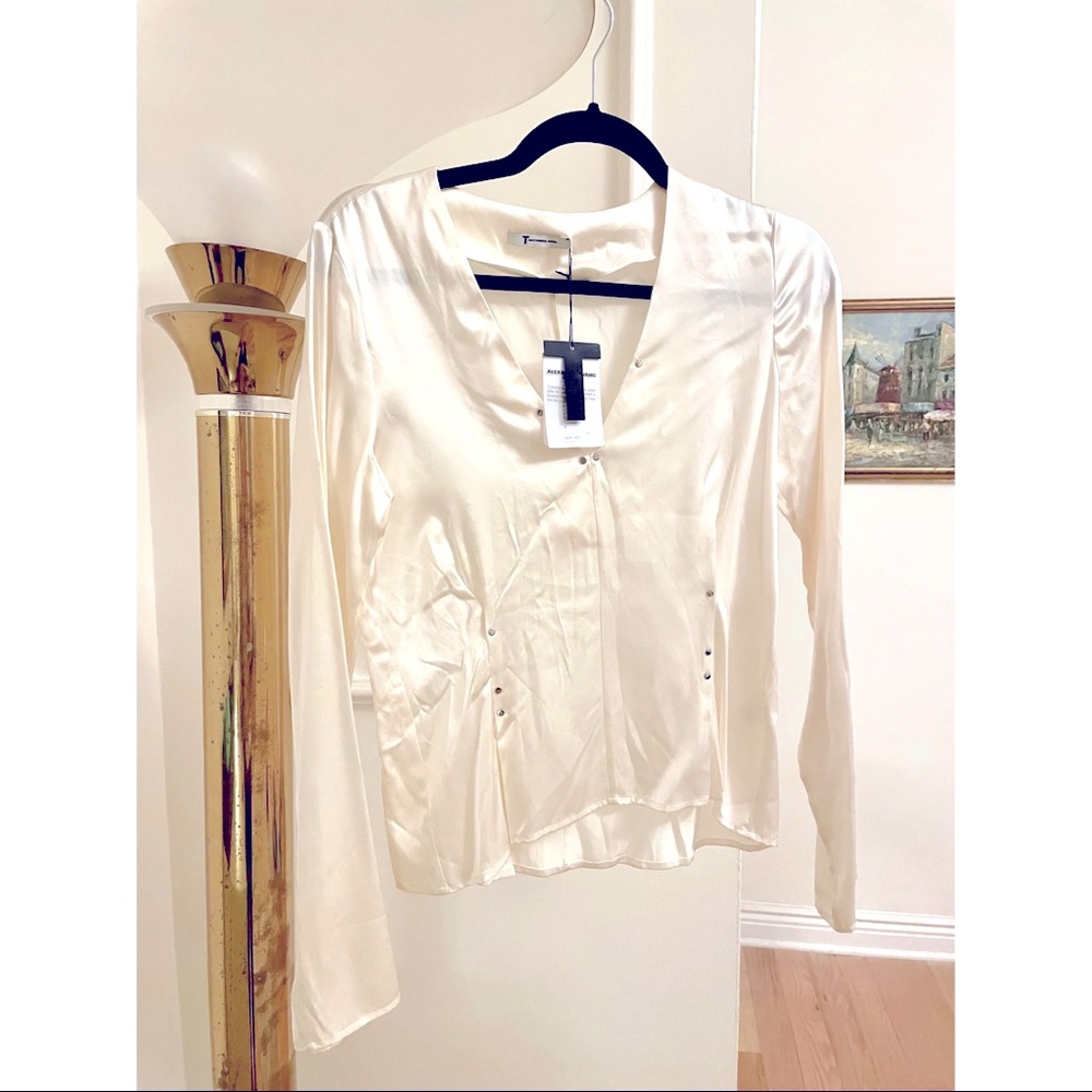 NWT. T Alexander Wang 100% Silk Long Sleeve Blouse with Metal Detail. Sz 0